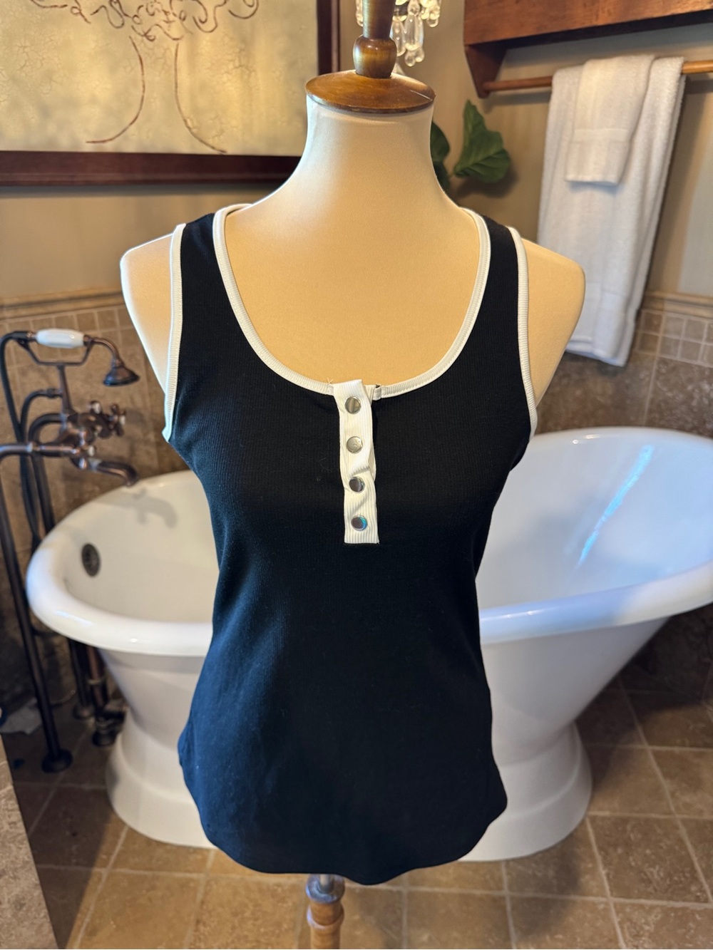 Shein Black Tank Top with White Trim and Snap Placket - Women large